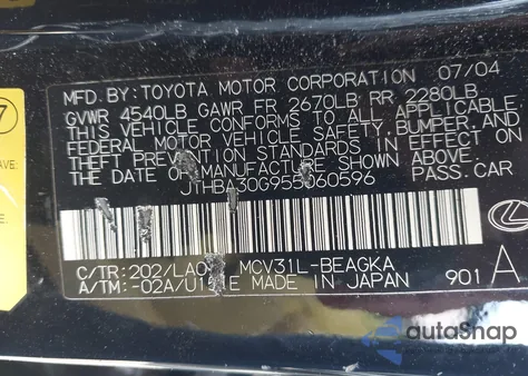 2005 Lexus Es 330 из США, поврежденный, VIN JTHBA30G955060596